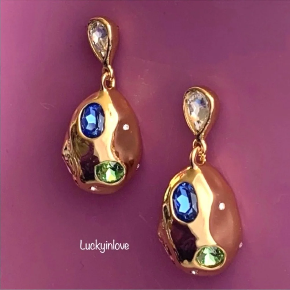 ALEXIS BITTAR • Puffy Crystal Blue Rose Green Gold Molten Drop Earrings